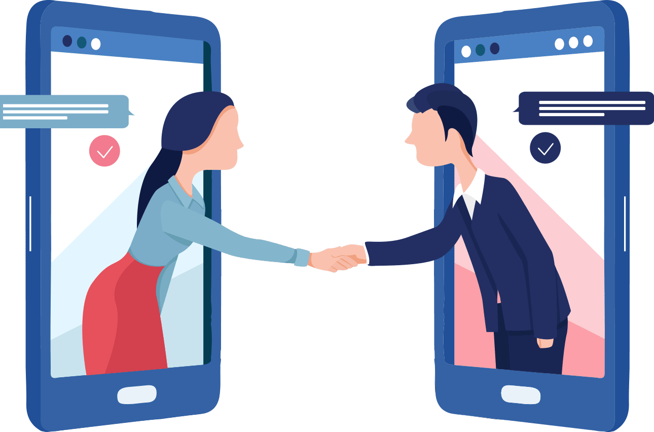 Illustration of a woman and a man shaking hands, each person is in a mobile phone frame